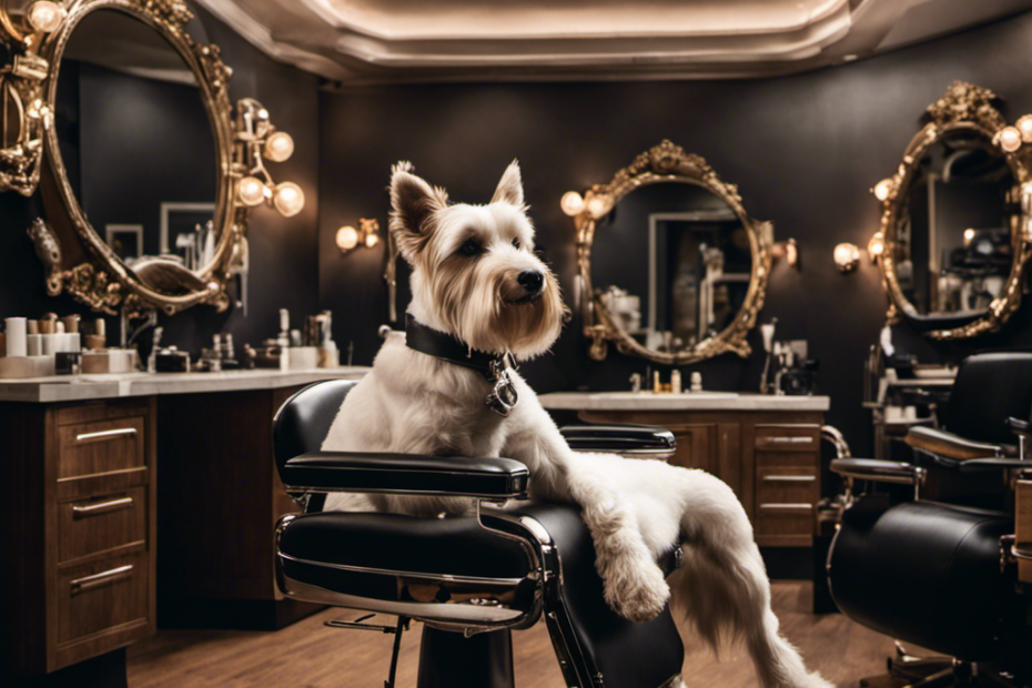 An image featuring a well-groomed dog sitting on a luxurious, plush grooming table, surrounded by various high-end grooming tools and products