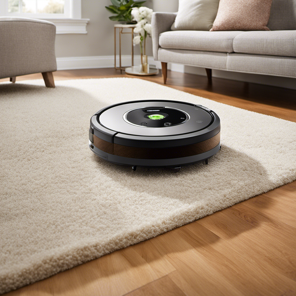 An image showcasing a sturdy Roomba effortlessly gliding through a living room adorned with fluffy pet hair