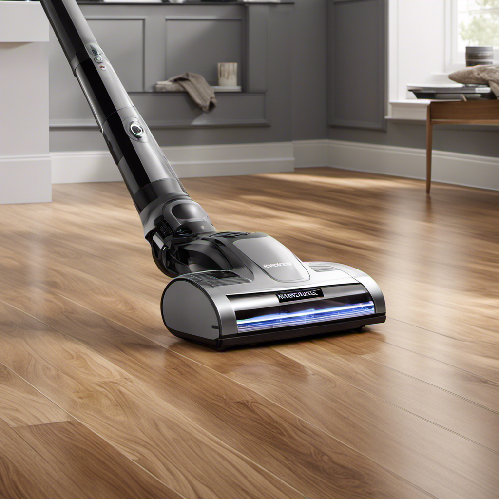 An image showcasing a sleek, powerful vacuum gliding effortlessly across a pristine hardwood floor