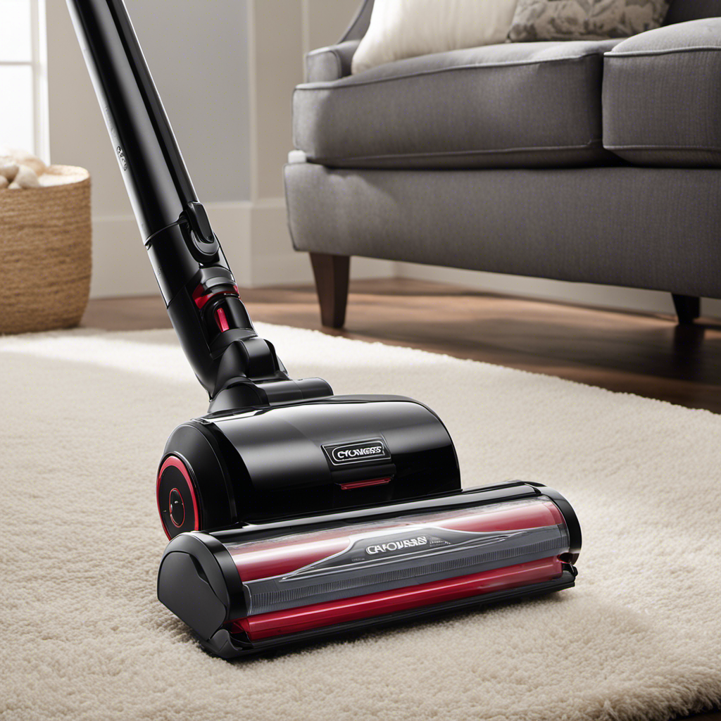 An image showcasing a sleek, high-performance vacuum with advanced cyclone technology, effortlessly sucking up mountains of pet hair