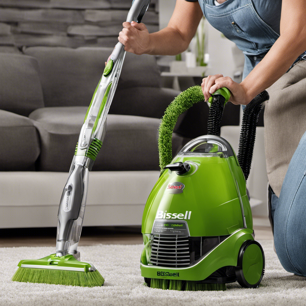 An image showcasing a Bissell Little Green Machine in action, with its brush head effectively removing pet hair from upholstery