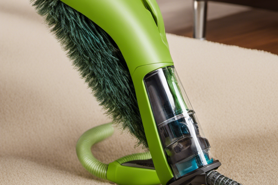 An image showcasing a close-up of a clogged hose on the Bissell Pet Hair Eraser vacuum, with pet hair tangled inside, obstructing the airflow