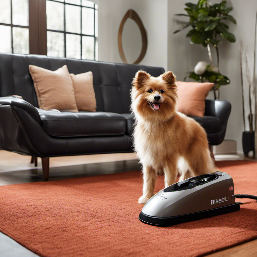 An image showcasing a furry, shedding pet sitting on a clean, freshly vacuumed sofa