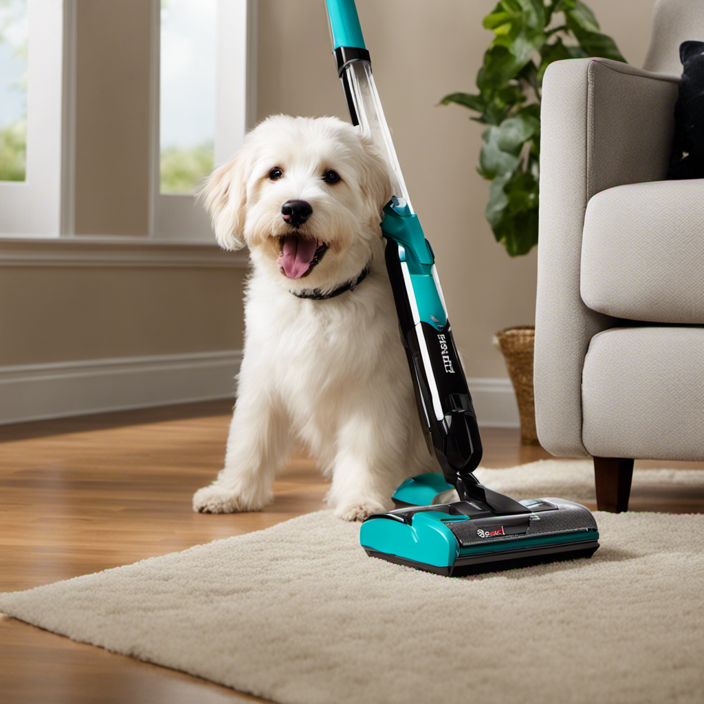 An image showcasing a happy pet owner effortlessly gliding the Bissell Pet Hair Eraser over their furniture, revealing a pristine surface