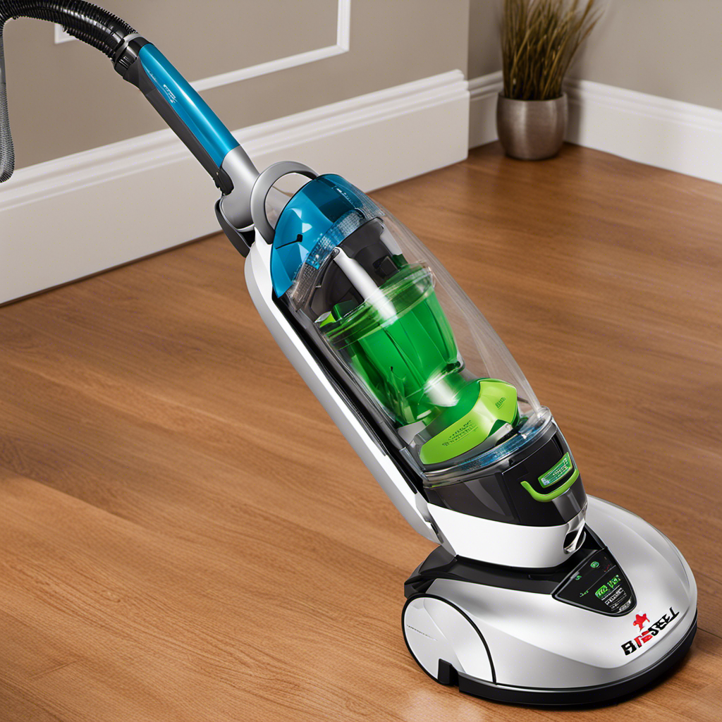 An image showcasing the Bissell Pet Hair Eraser Vacuum's specifications: a sleek, silver vacuum with a transparent dustbin, a powerful motor, and a clearly visible label indicating its high voltage of 12 amps