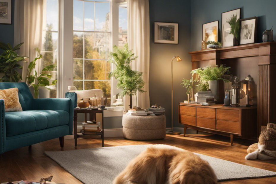 An image showcasing a cozy living room, where a fluffy dog and a sleek cat peacefully nap on a plush sofa