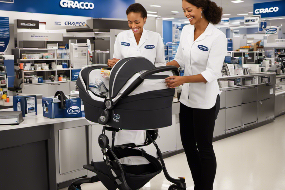 An image capturing a beaming customer wearing a Graco apron, receiving a repaired stroller from a friendly Graco representative