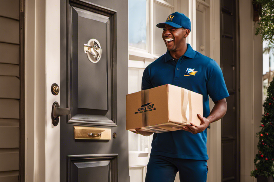 Atic customer stands outside their door, eagerly holding a package
