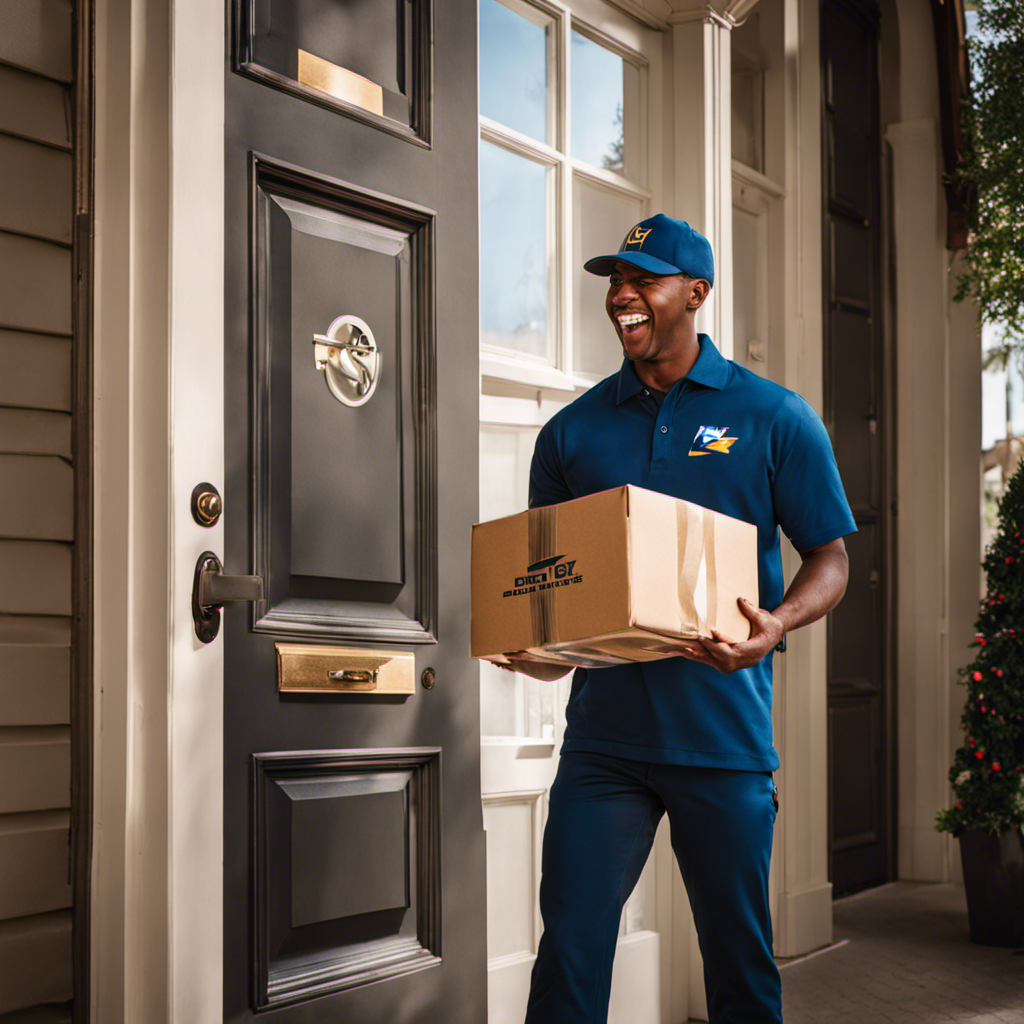 Atic customer stands outside their door, eagerly holding a package