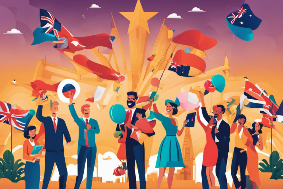 An image capturing the essence of customer satisfaction in Australia, featuring a diverse group of people with beaming smiles, enthusiastically sharing their positive experiences through animated gestures and excited expressions
