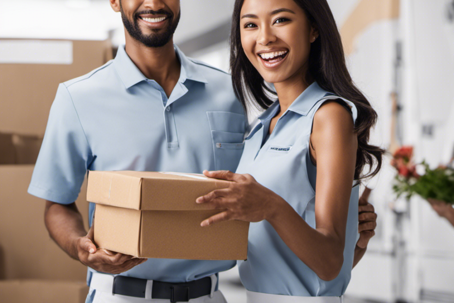 -up shot of a customer's beaming face, holding a package with outstretched arms, while a delivery person stands beside, wearing a uniform and a proud smile