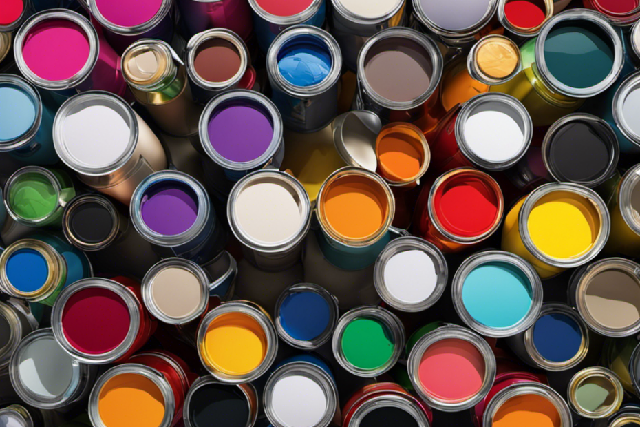 An image showcasing a vibrant palette of paint cans in various shades and textures, neatly arranged on a sleek digital platform
