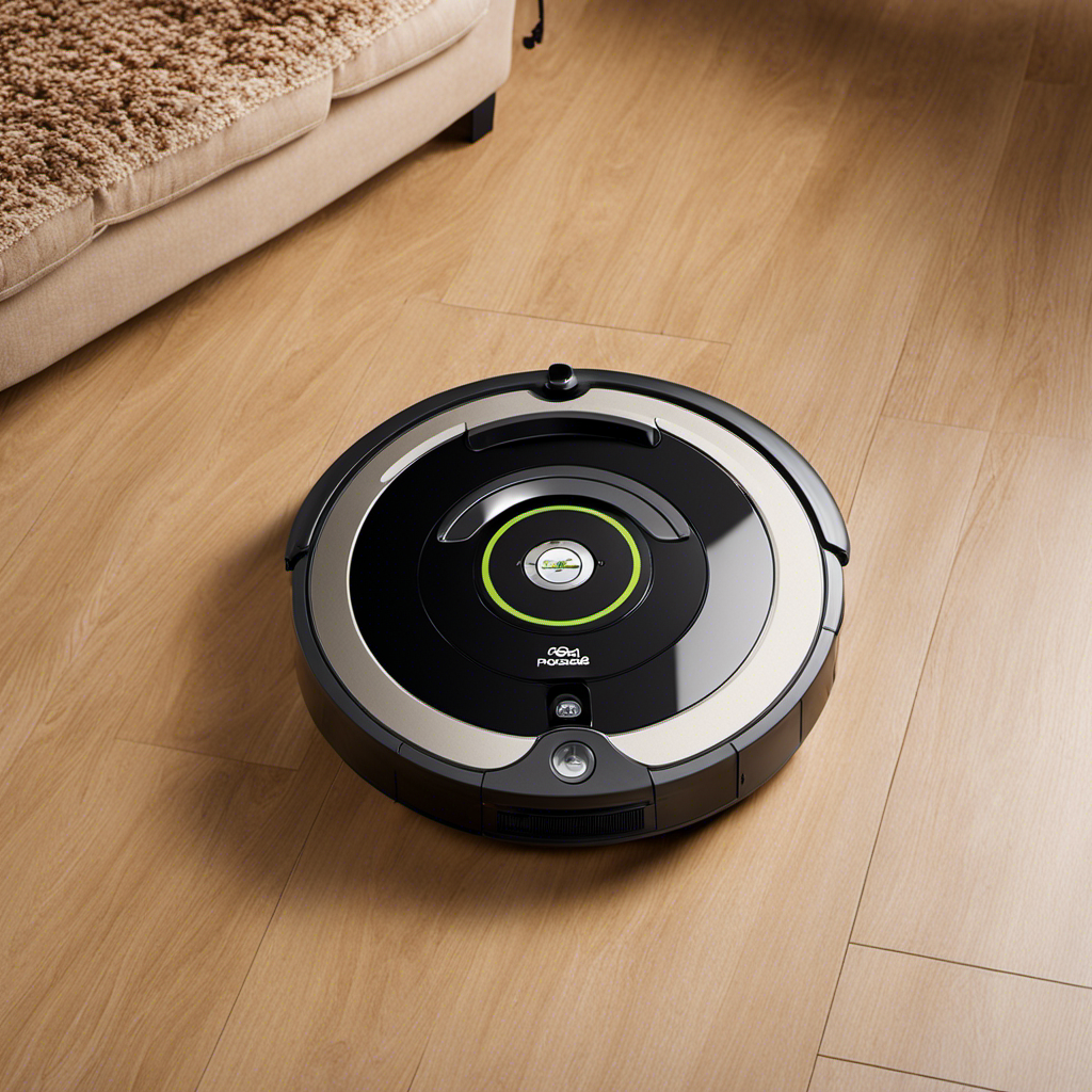 An image showcasing a Roomba effortlessly gliding across a floor covered in pet hair, capturing the moment when its advanced sensors detect and suction up every strand, leaving behind a pristine, hair-free surface