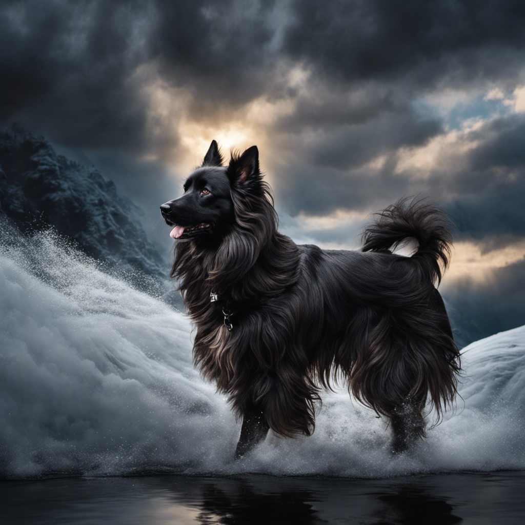 An image capturing the enchanting moment when your hand glides through a dog's silky, ebony fur, causing it to magically fluff up with soft, ethereal wisps, creating a mesmerizing display of floating, dark clouds