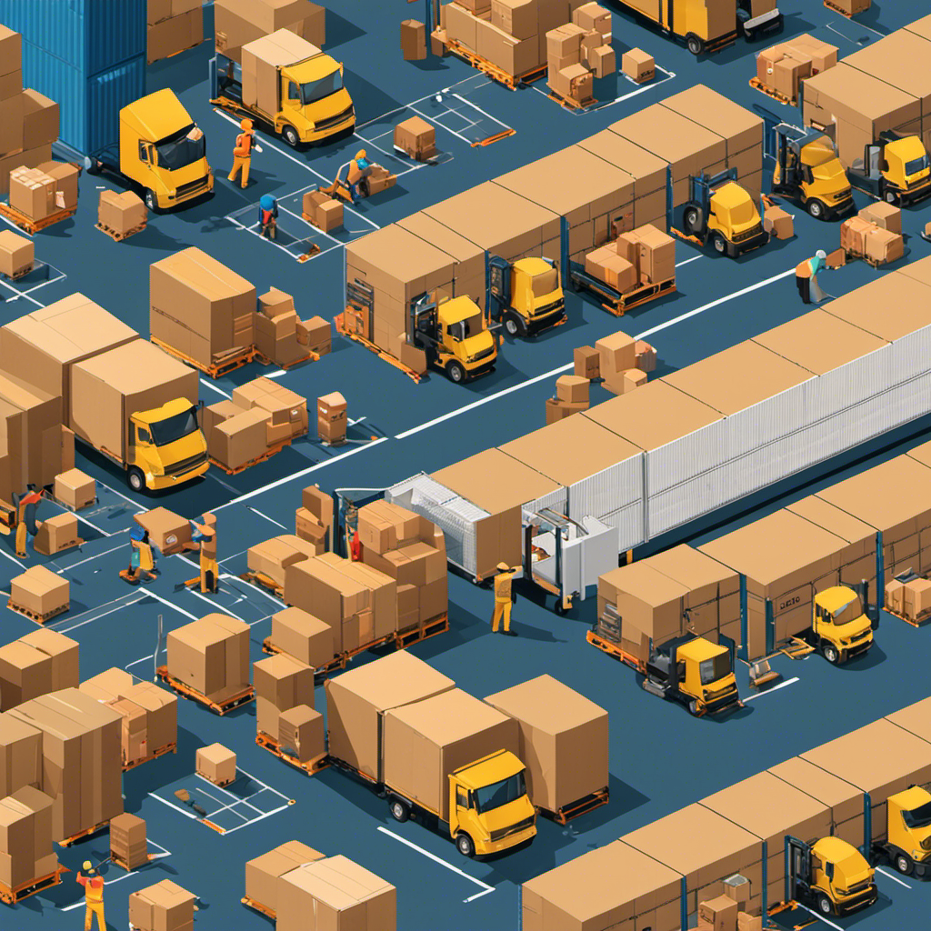 An image showcasing a bustling warehouse, with workers efficiently packing orders, conveyor belts moving smoothly, and a fleet of delivery trucks ready to dispatch, symbolizing a seamless shipping process that ensures customer satisfaction