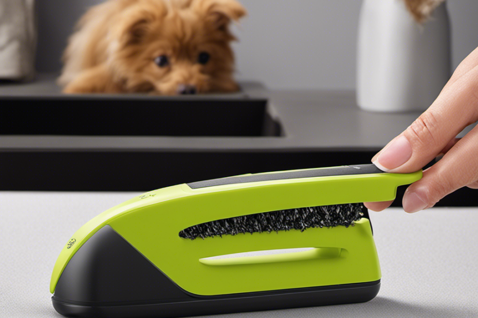 An image showcasing the Fur-Zoff Pet Hair Remover in action: a hand effortlessly gliding the eco-friendly, volcanic rock-like material over a furry surface, effectively lifting and capturing stubborn pet hair
