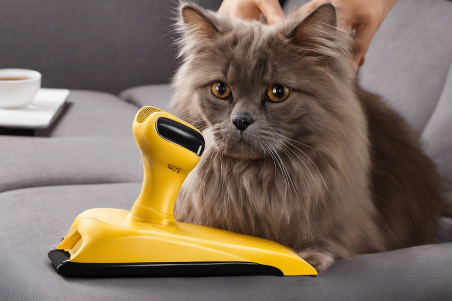 An image showcasing a hand effortlessly sweeping the Fur-Zoff Pet Hair Remover over a couch, effectively lifting and collecting pet hair