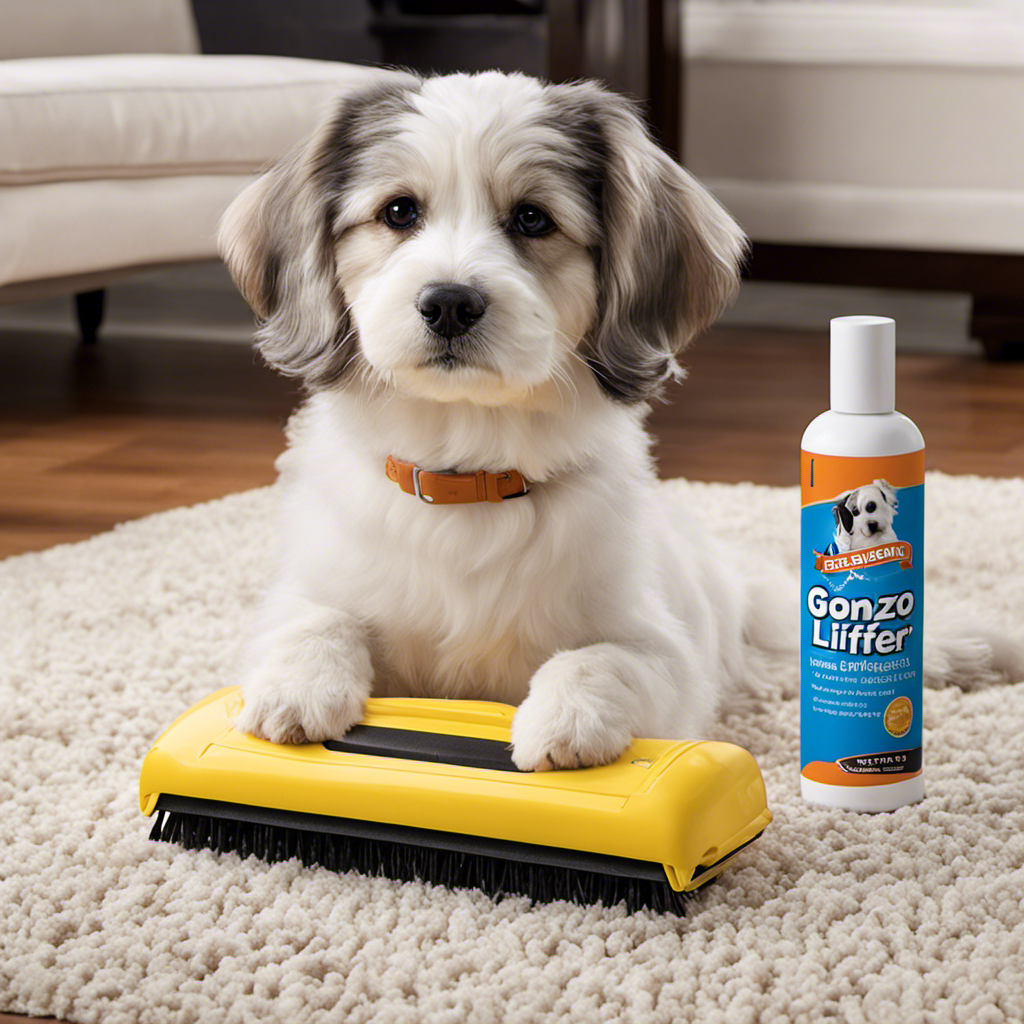 An image showcasing the Gonzo Pet Hair Lifter, capturing a well-groomed dog lying on a clean, hair-free carpet