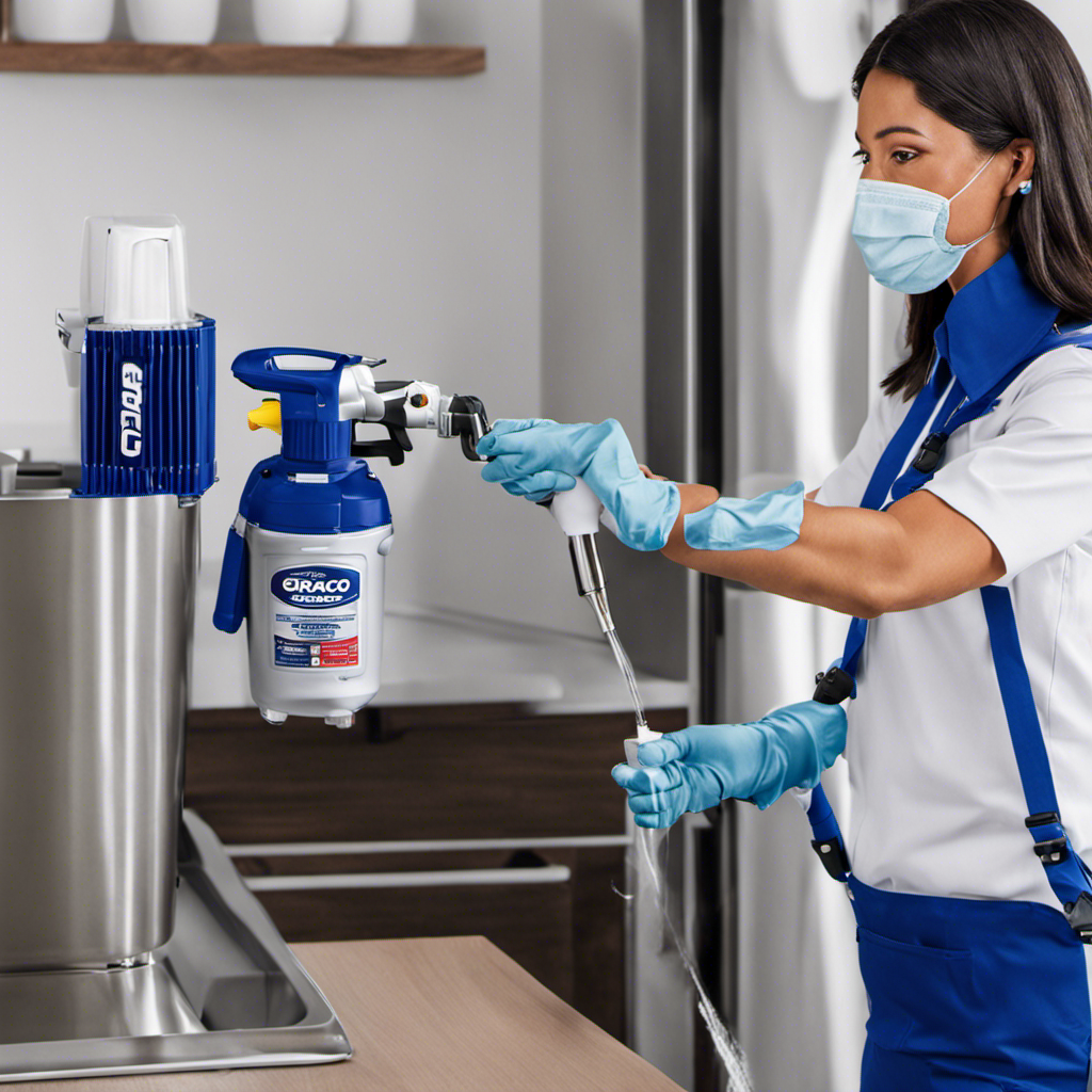 An image showcasing the Graco Australia Sanitizing Sprayers in action, with a gleaming stainless steel surface being thoroughly disinfected by a fine mist, emphasizing their restocked availability and effectiveness in combating germs