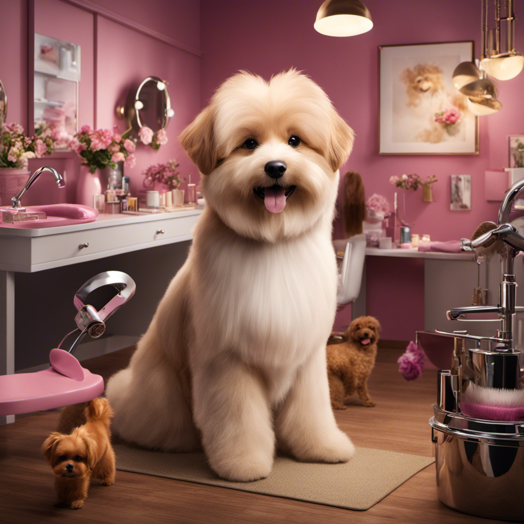 An image displaying a joyful scene of a pet salon, with a fluffy dog happily receiving a pampering session