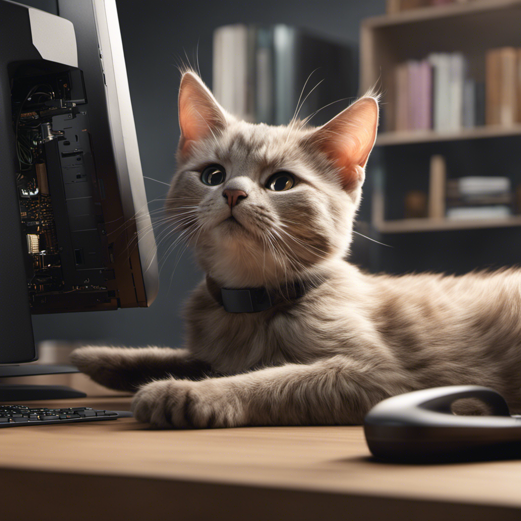 An image capturing the delicate harmony between a sleek gaming PC and a mischievous feline companion