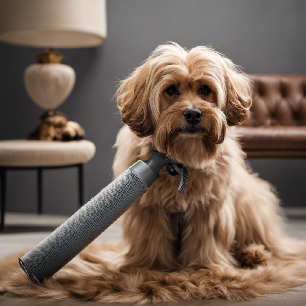 An image capturing the frustration of pet hair clinging to clothes: a hand pulling away a lint roller covered in dense layers of fur, contrasting against a neat, wrinkle-free outfit underneath