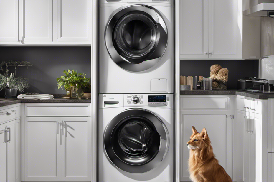 An image that showcases a sparkling clean washer and dryer, featuring a lint filter filled with pet hair, a lint roller, and a vacuum cleaner nearby, highlighting the struggle of removing pet hair from these appliances