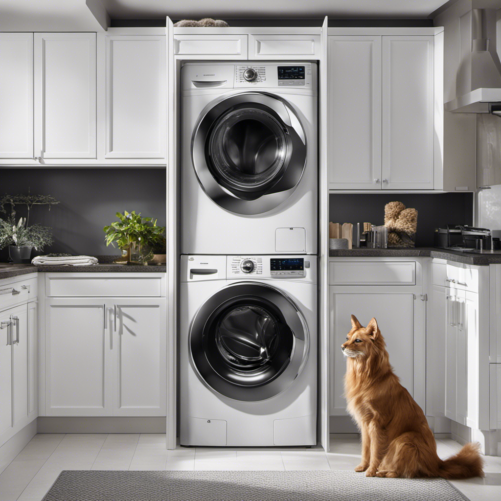 An image that showcases a sparkling clean washer and dryer, featuring a lint filter filled with pet hair, a lint roller, and a vacuum cleaner nearby, highlighting the struggle of removing pet hair from these appliances