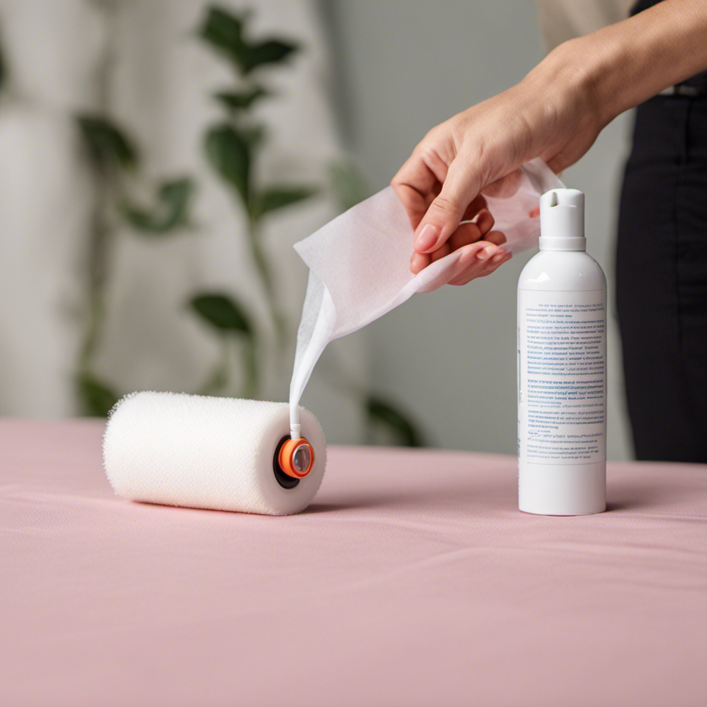 An image showcasing a person wearing a static-eliminating fabric softener sheet taped to the inside of their lint roller, effortlessly removing pet hair from their clothes