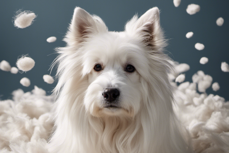 Create an image showcasing a fluffy white dog covered in loose hair, surrounded by a pack of Bounce Pet Hair Sheets
