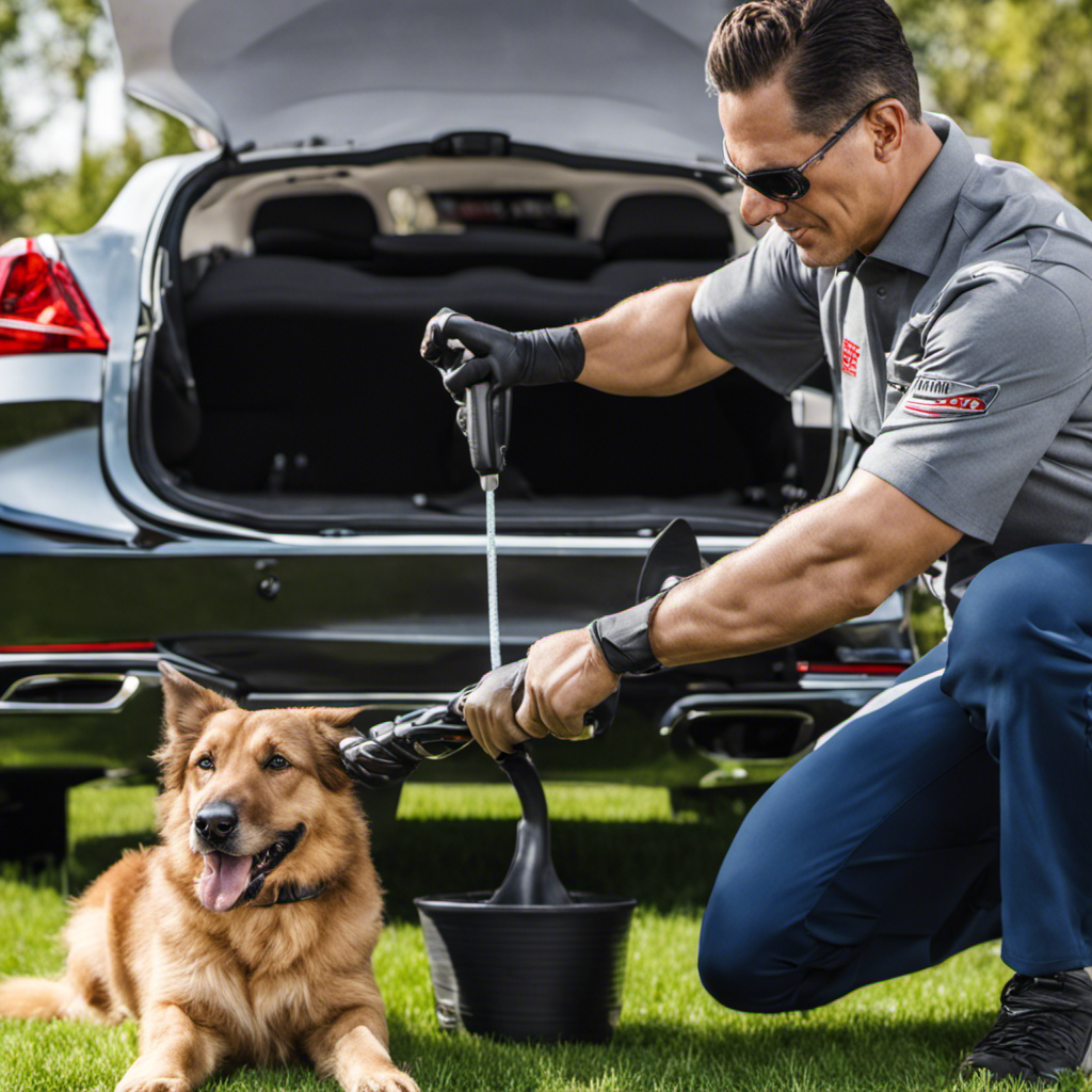 An image showcasing a meticulous car detailer using a specialized pet hair removal tool to meticulously extract stubborn strands of pet hair from car upholstery, leaving it spotlessly clean and fur-free