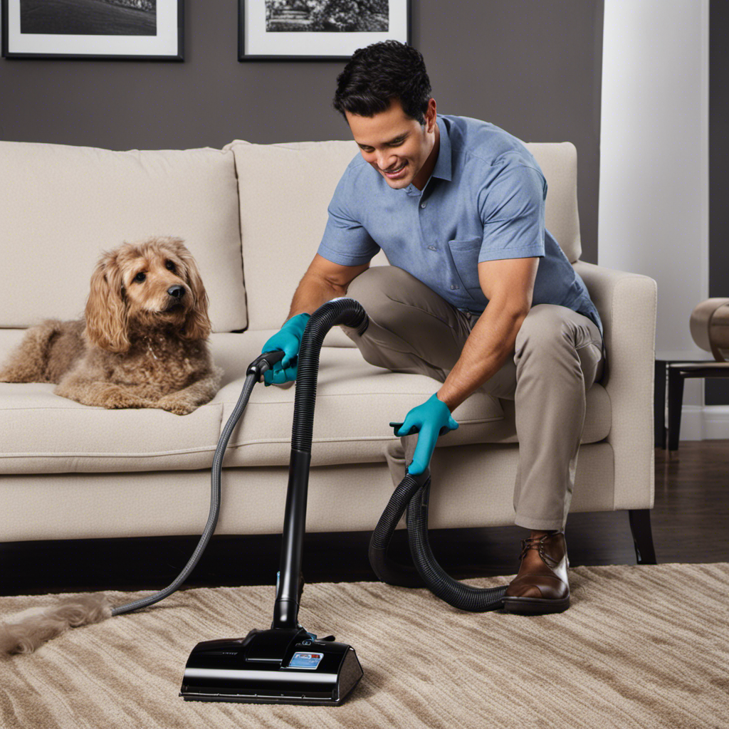 An image showcasing a person using a vacuum cleaner with specialized pet hair attachments to meticulously clean pet hair off a couch