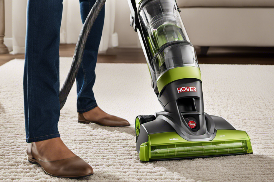 An image that showcases a Hoover Dual Power Carpet Washer with its detachable pet hair removal tool in action, seamlessly suctioning up every last strand of fur from a heavily soiled carpet
