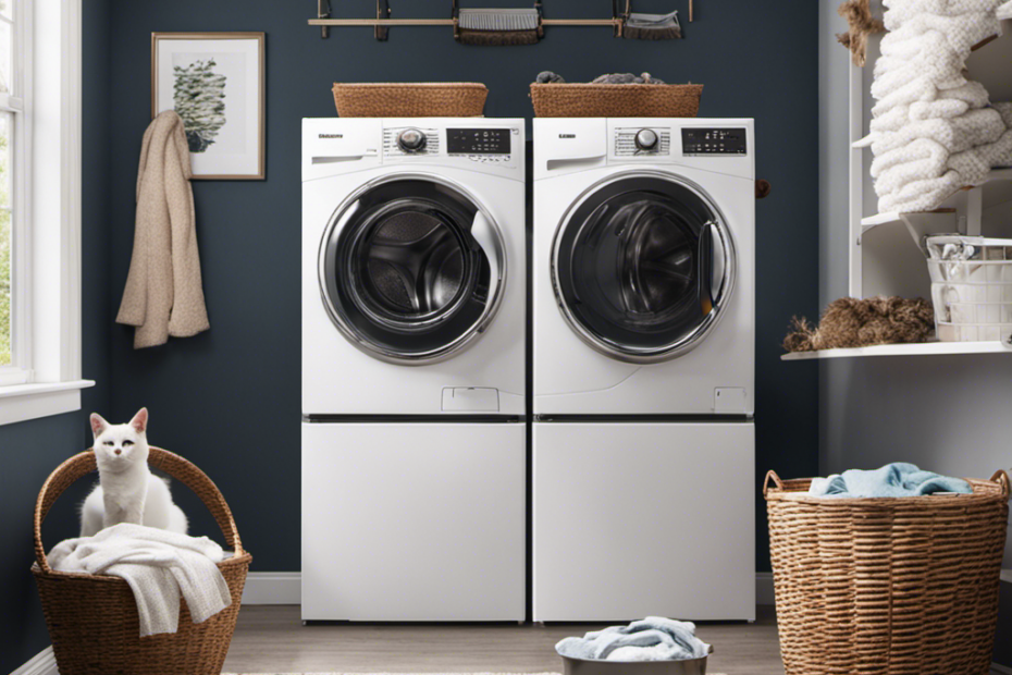 An image showcasing a laundry room with a washing machine and dryer, both filled with pet hair-covered clothing