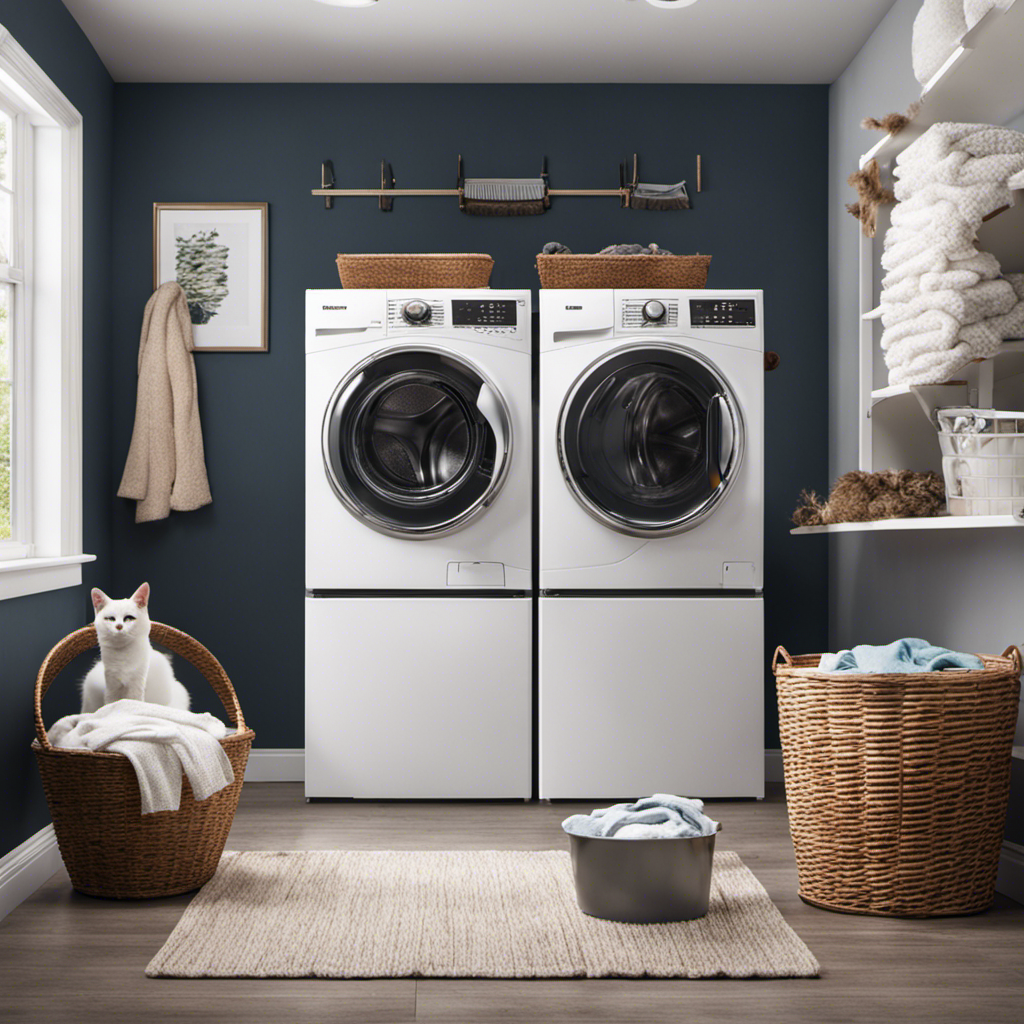 An image showcasing a laundry room with a washing machine and dryer, both filled with pet hair-covered clothing