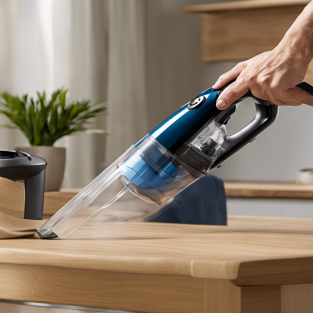 An image capturing the step-by-step process of emptying a handheld Shark pet hair vacuum