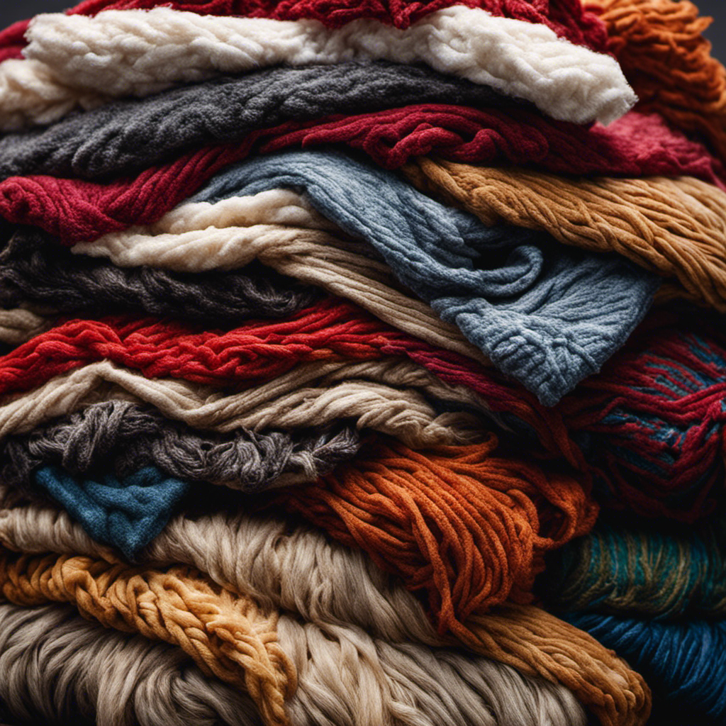 An image showcasing a pile of freshly washed laundry covered in an assortment of stubborn pet hair, emphasizing the intricate strands clinging to the fabric, demanding a solution for their removal