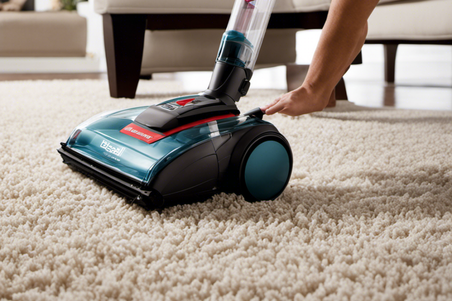 An image showcasing a person using a Bissell vacuum with powerful suction, effortlessly extracting stubborn pet hair from a carpet
