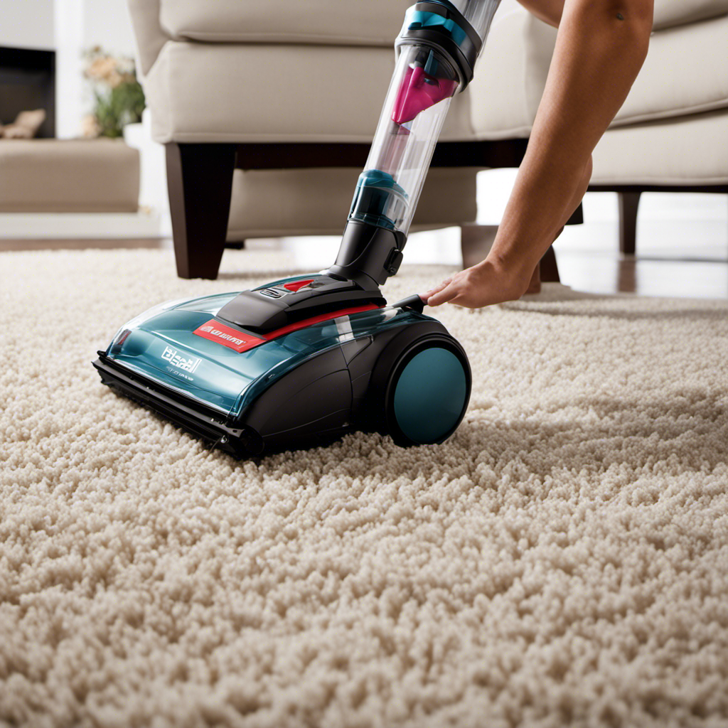 An image showcasing a person using a Bissell vacuum with powerful suction, effortlessly extracting stubborn pet hair from a carpet