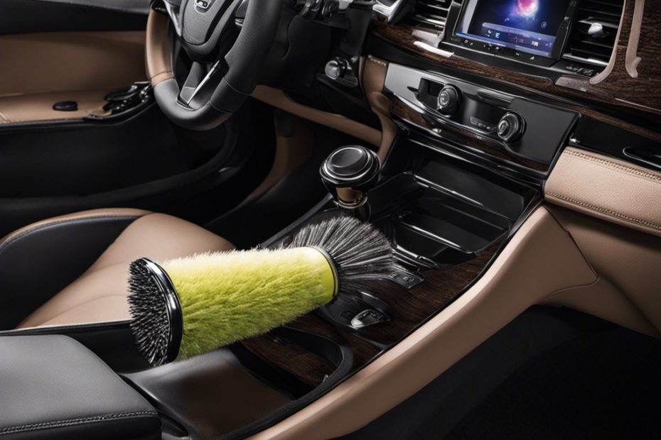 An image capturing the interior of a car, showcasing a variety of tools such as a lint roller, pet hair brush, vacuum cleaner, and adhesive tape, all strategically placed to effectively remove pet hair