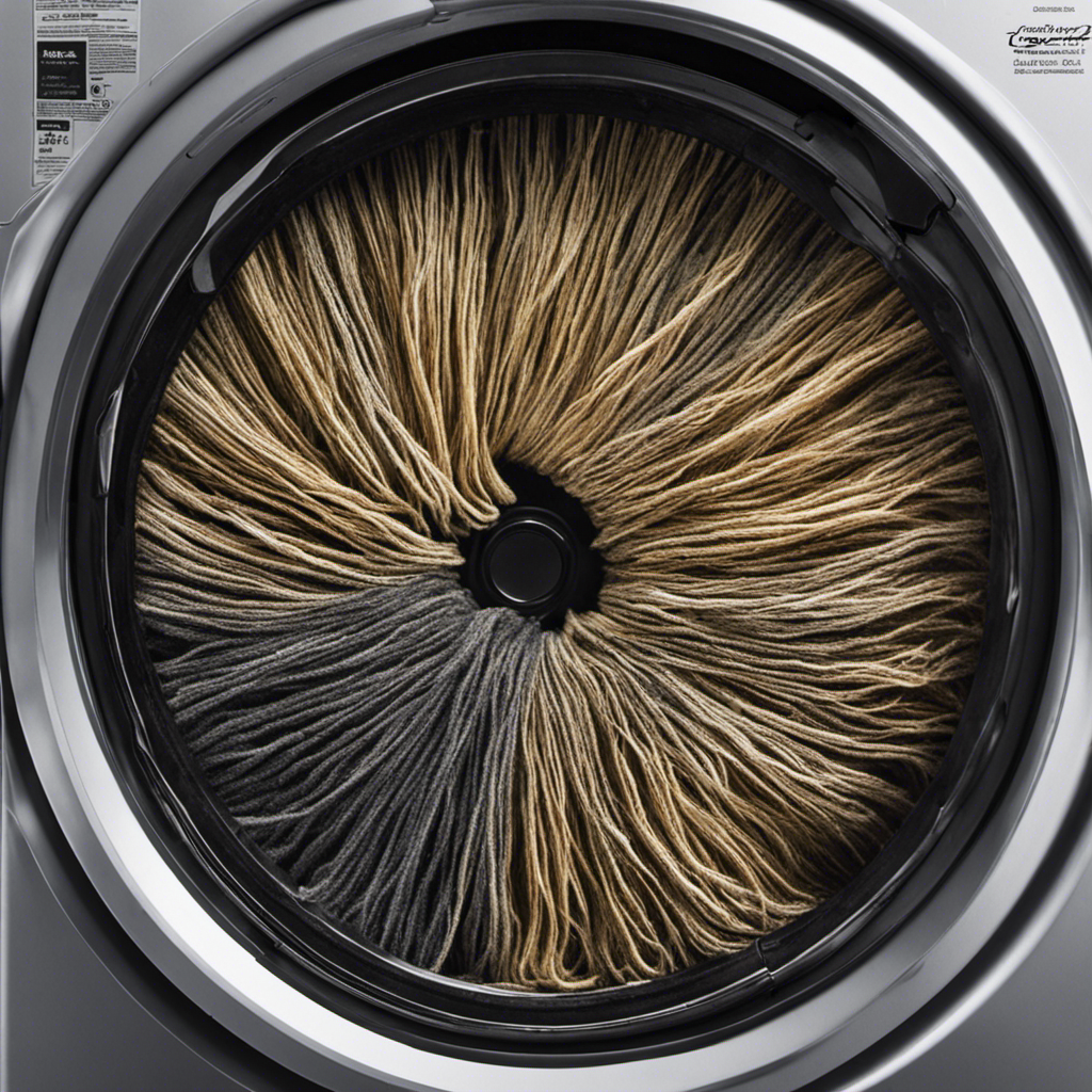 An image capturing a close-up view inside a washing machine drum, showcasing strands of pet hair entangled with damp laundry