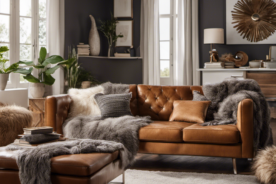 An image showcasing a cozy living room scene with pet hair struggles: a plush sofa covered in fur, a vacuum cleaner nearby, lint rollers, and a clothes brush on a coffee table