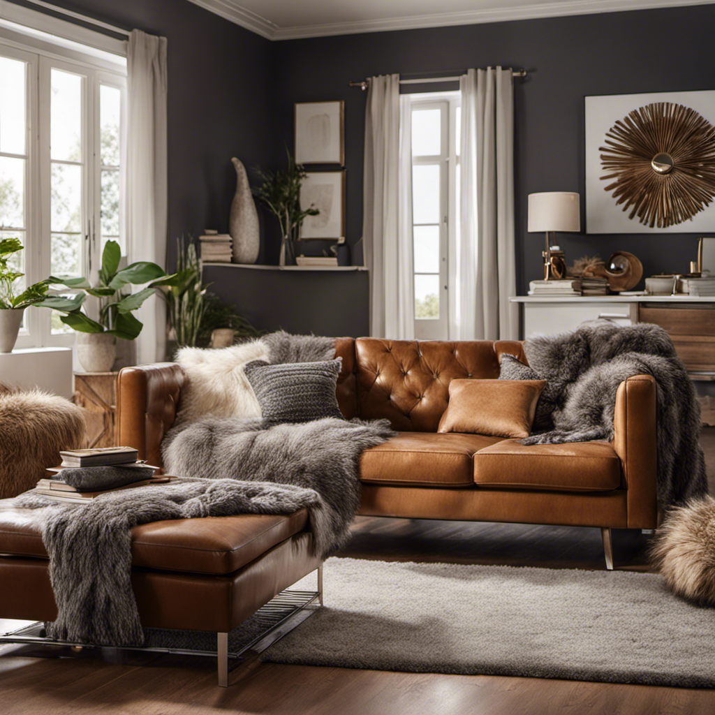 An image showcasing a cozy living room scene with pet hair struggles: a plush sofa covered in fur, a vacuum cleaner nearby, lint rollers, and a clothes brush on a coffee table