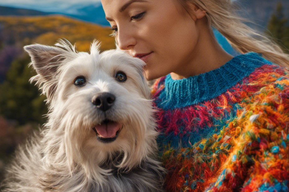 An image capturing a pet owner, dressed in a vibrant sweater, with colorful strands of pet hair clinging to their clothes