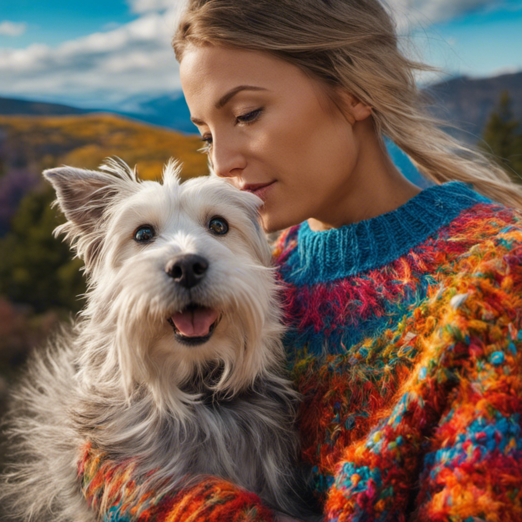 An image capturing a pet owner, dressed in a vibrant sweater, with colorful strands of pet hair clinging to their clothes