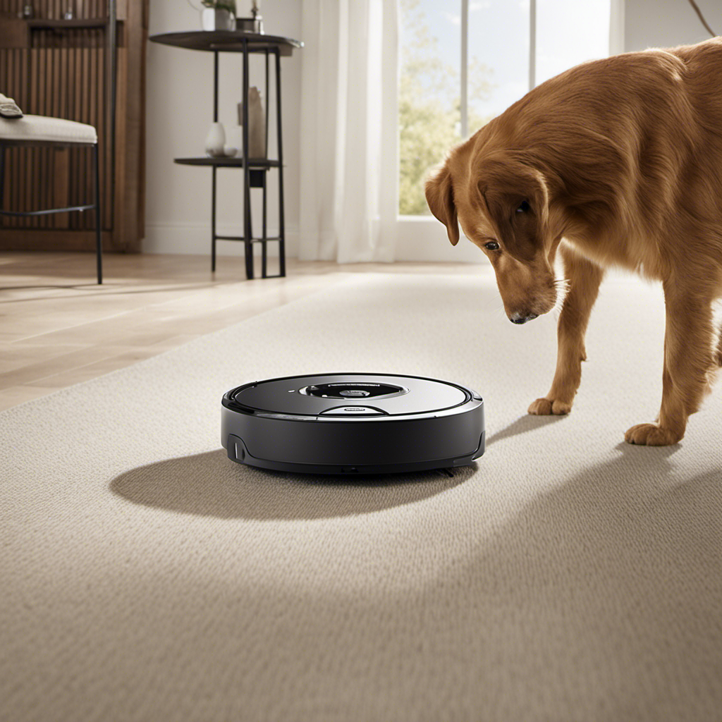 An image showcasing a determined Roomba effortlessly navigating through dense layers of heavy pet hair, capturing every strand with its high-powered suction, while leaving a trail of perfectly clean floors in its wake