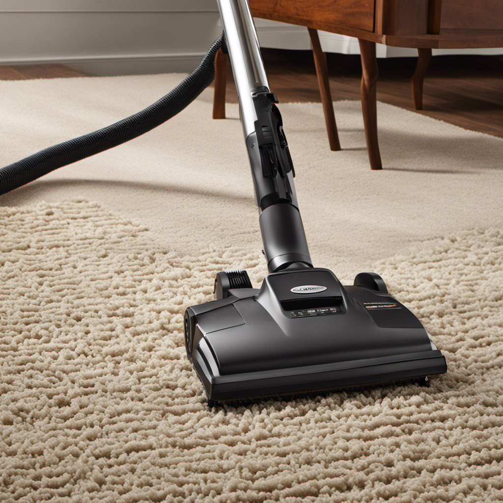 An image capturing a close-up of a professional-grade vacuum cleaner with bristle brushes deeply penetrating a thick carpet, effectively dislodging and suctioning up stubborn pet hair strands