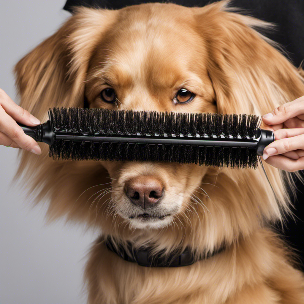 An image capturing the process of meticulously detangling and removing stubborn pet hair entwined in the bristles of a vacuum brush roll, with focused hands delicately pulling out each strand