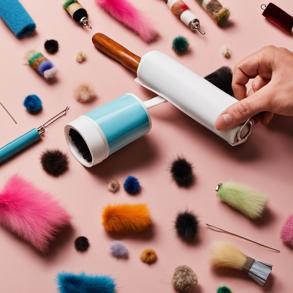 An image showcasing a hand holding a lint roller, briskly rolling it over a velcro strip adorned with an assortment of colorful pet hairs, capturing the satisfying moment of effortlessly removing the stubborn fur