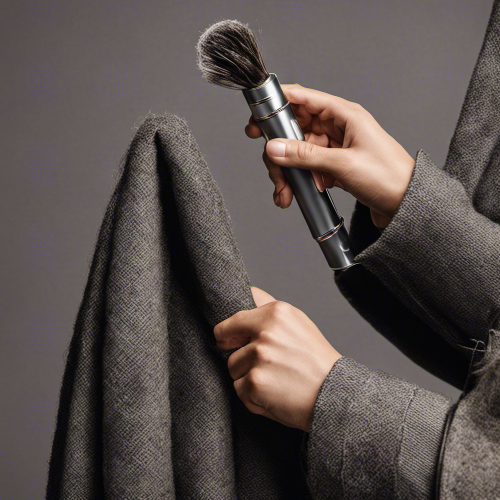 An image showcasing a hand holding a lint roller, gliding it over a wool coat covered in pet hair